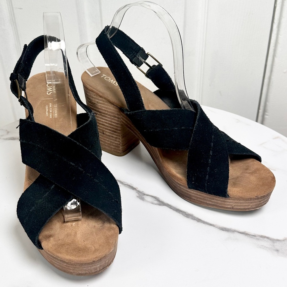 TOMS Black Suede Platform Heeled Sandals Chunky Wood Heel Slingback 12W